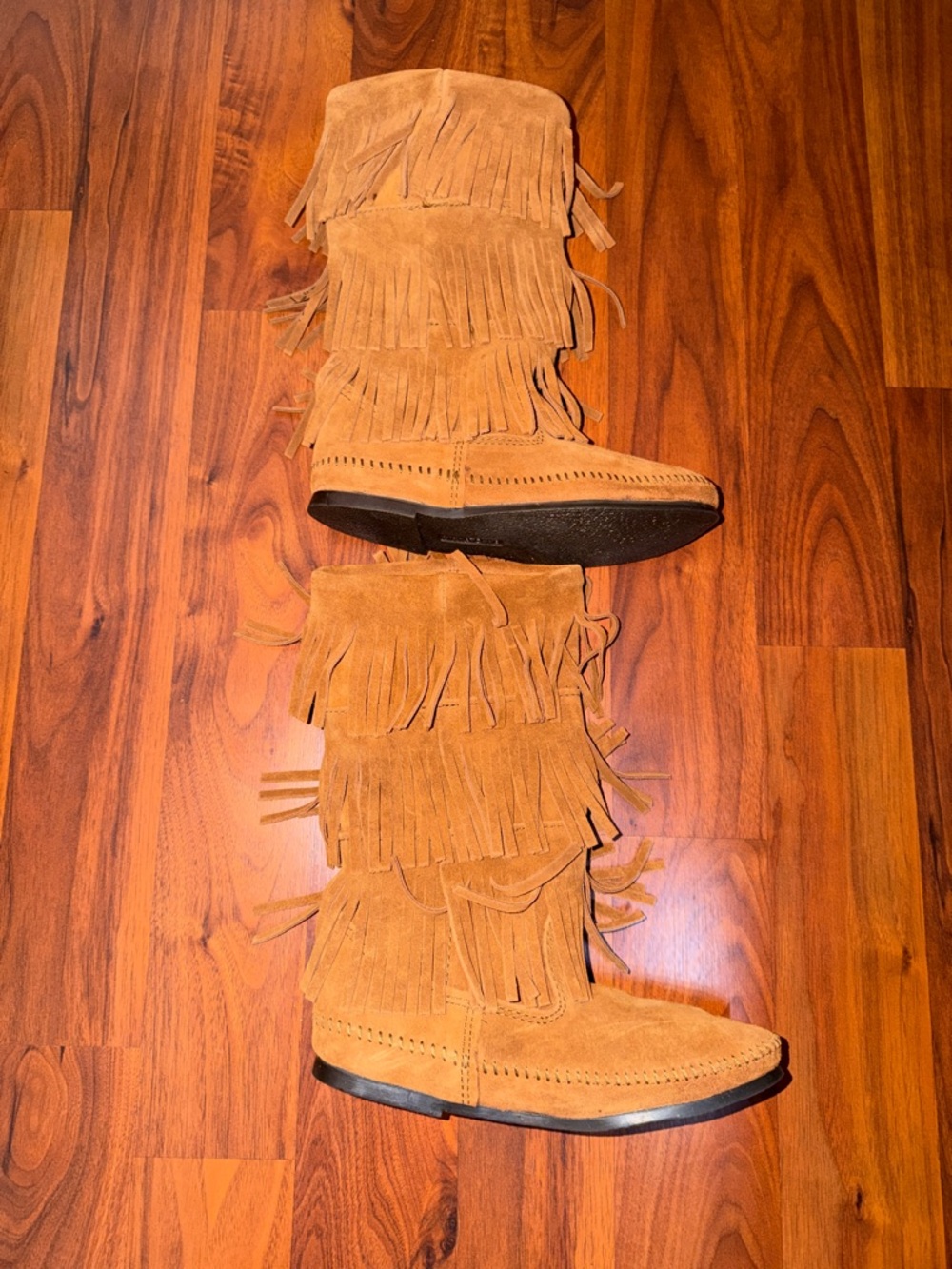 Minnetonka Cognac Suede Triple Fringe Tall Boots | NWOT | Size 9